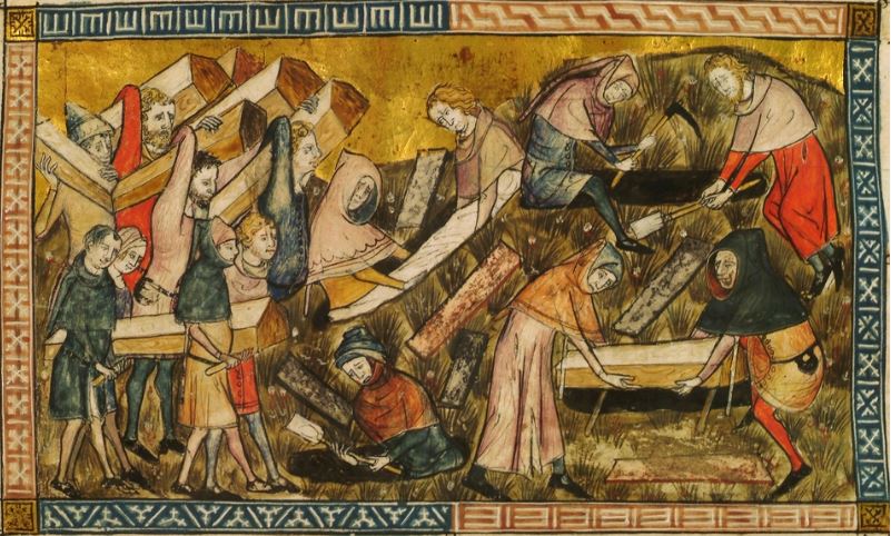 Enterrement de victimes de la peste noire à Tournai, dans les Annales de Gilles Le Muisit (1272-1352), Bibliothèque royale de Belgique.